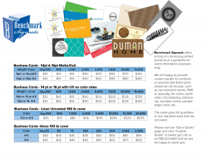 This is a price list for business cards.